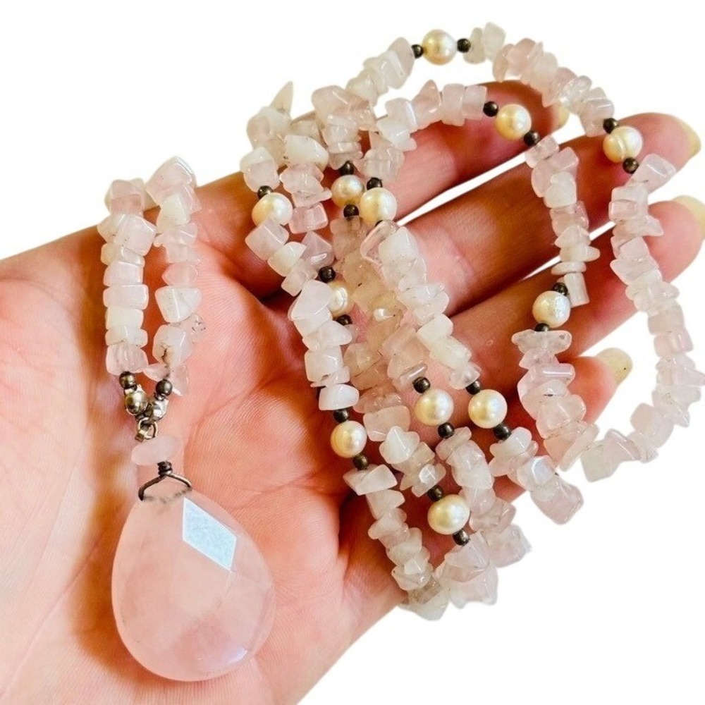 VTG Rose Quartz pink Beaded Necklace natural genuine stone pearl beads rare 40"